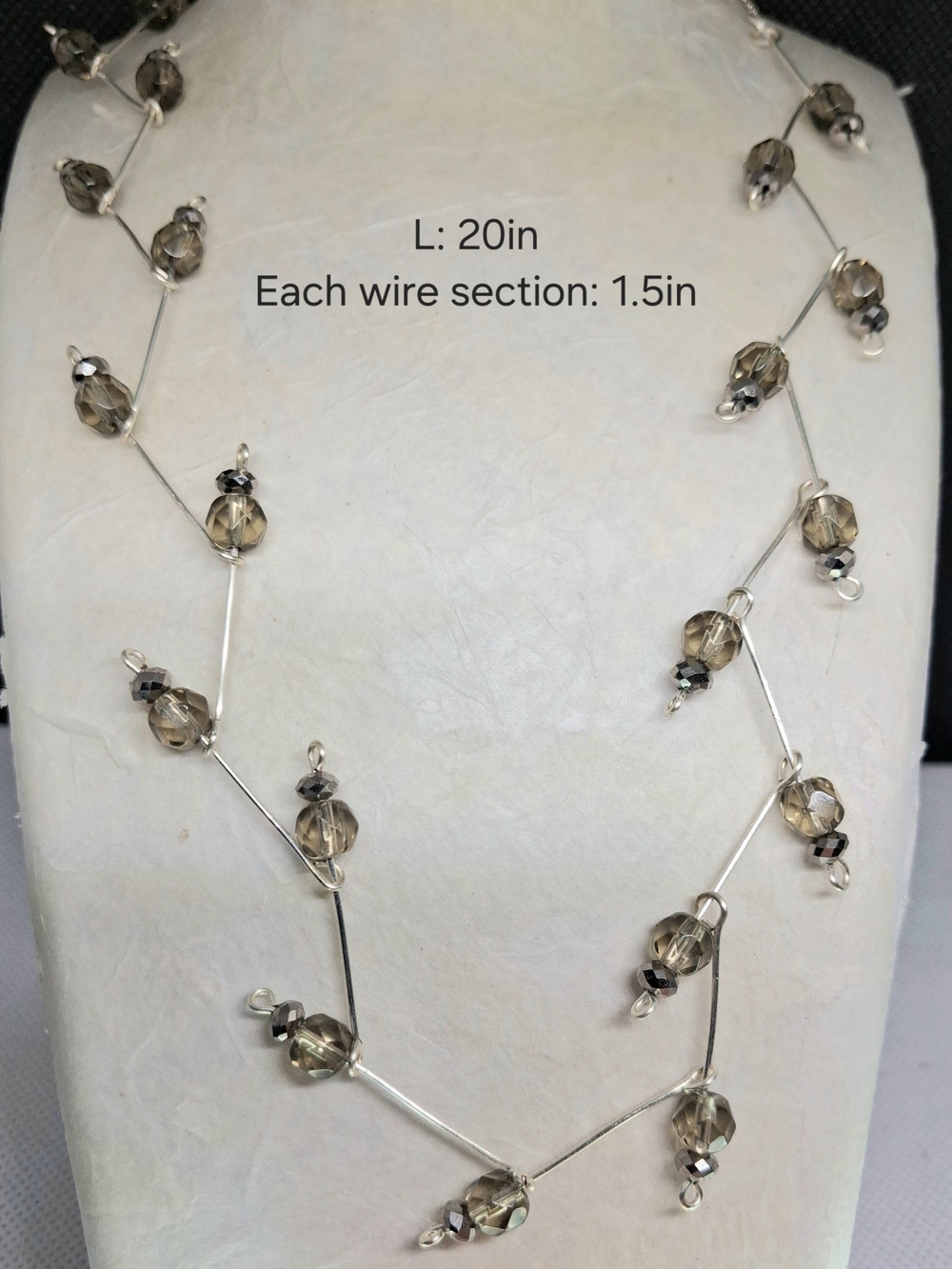Handmade Silver Wire Necklace with Smoky Crystal Beads - Women Jewelry